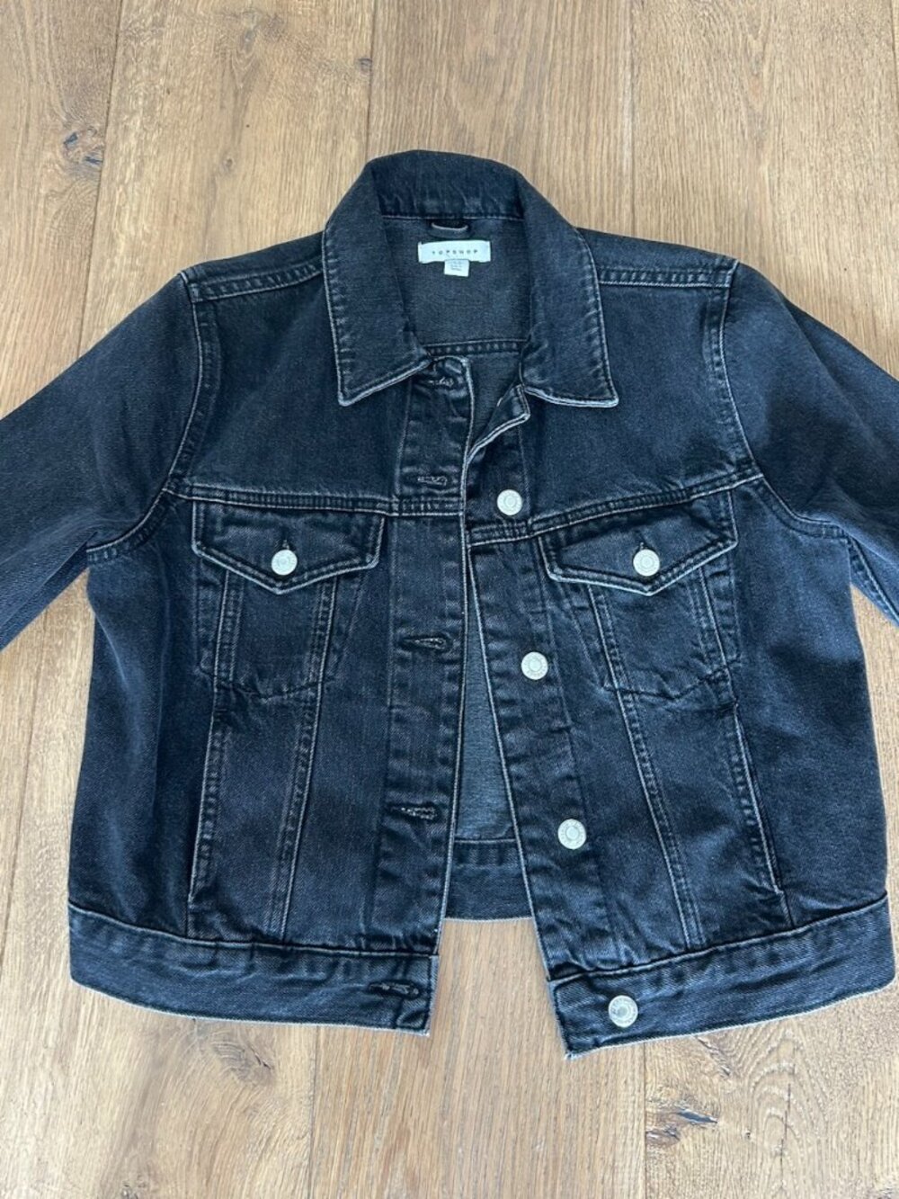 Topshop Washed Black Denim Trucker Jacket Size US 4